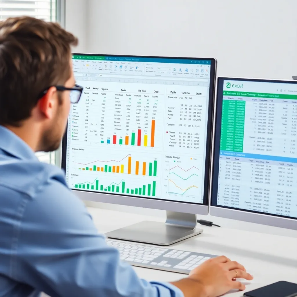 Person analysiert Daten in Excel mit Diagrammen und Tabellen
