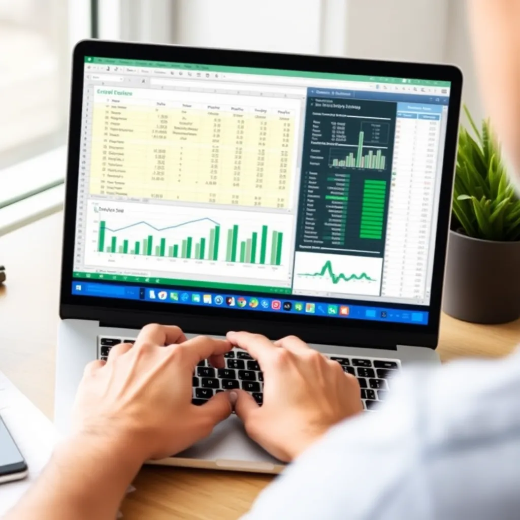 Person analysiert Excel-Daten auf einem modernen Laptop mit Diagrammen und Tabellen