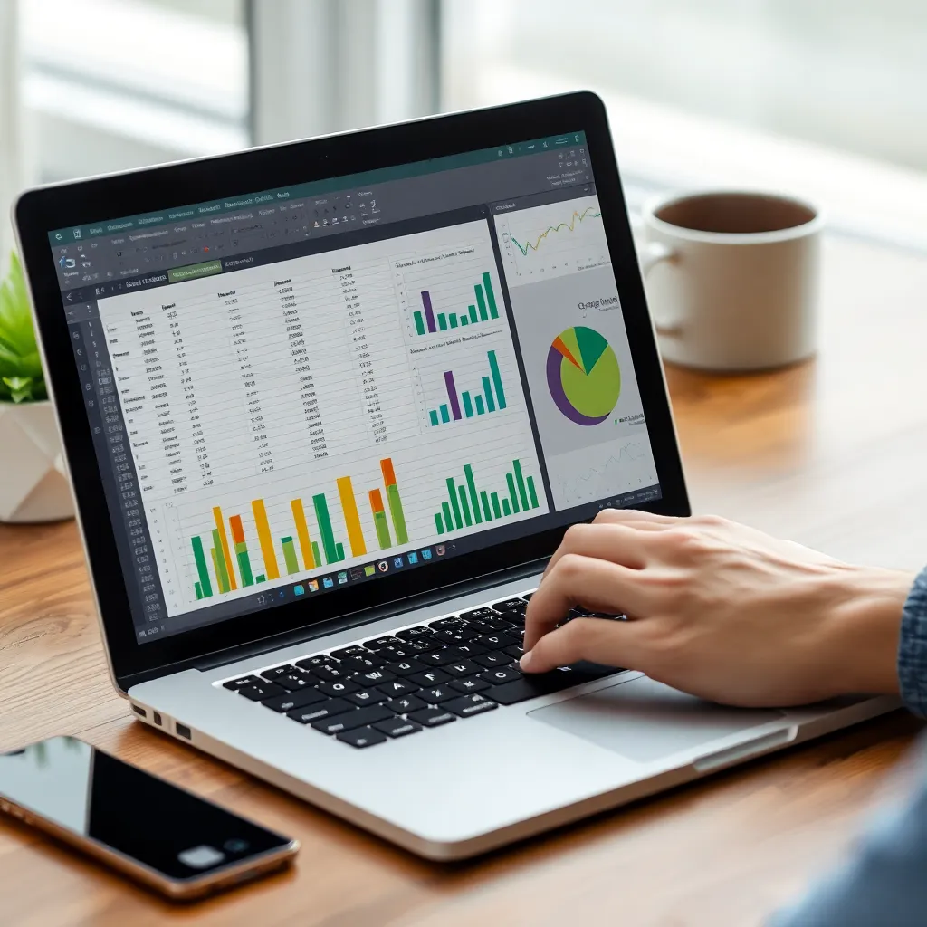 Person arbeitet an Excel-Tabelle mit Diagrammen und Datenanalyse